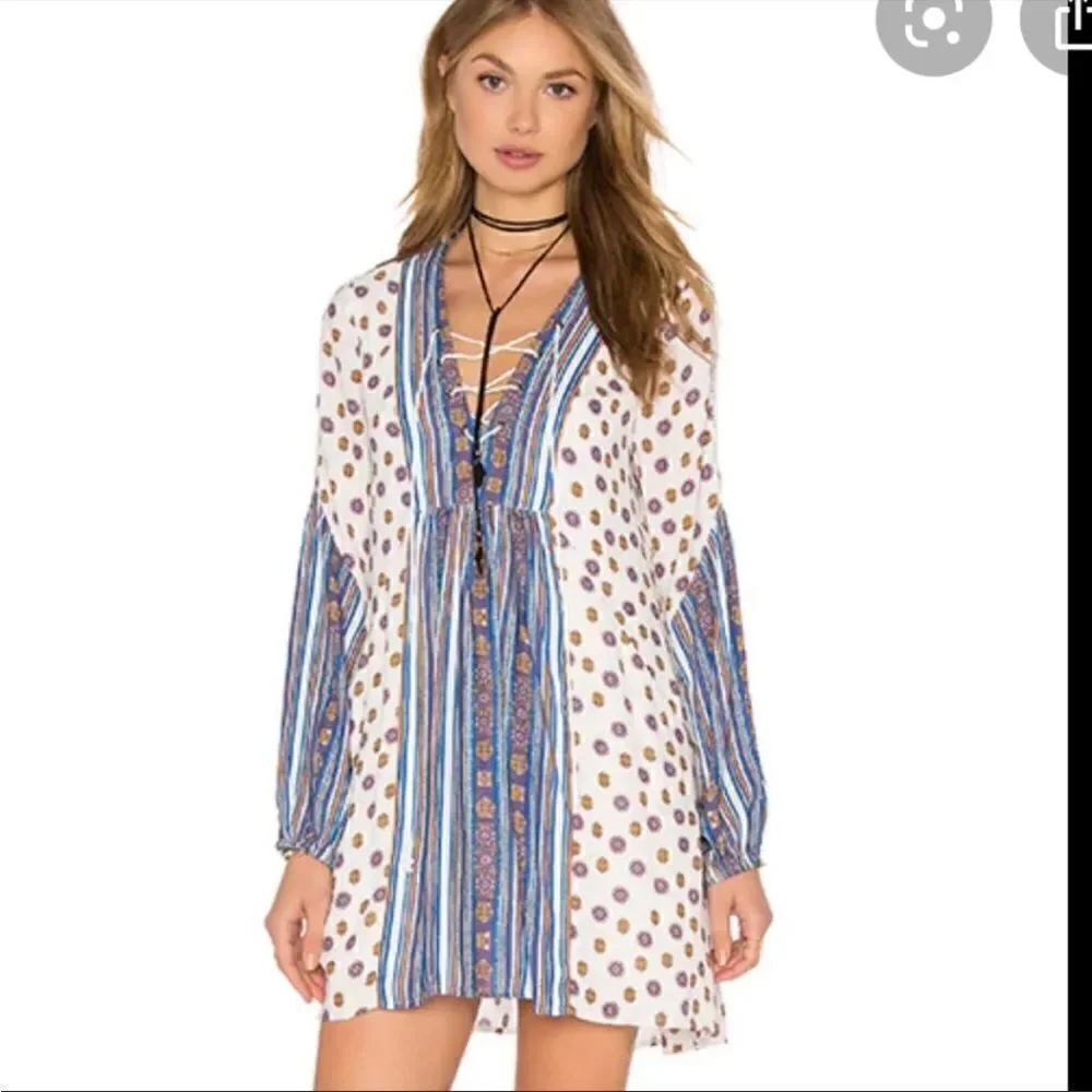 Free People Rain Shine Printed Lace-Up Swing Dress, NWT
